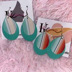 Teal & Neutral Striped Faux Leather Teardrop Earrings